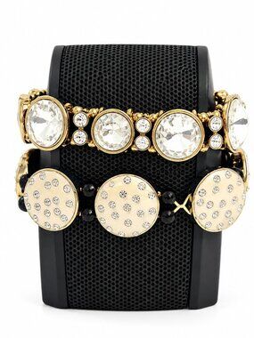 Gold Tone Rhinestone Stretch Bracelet – Crystal & Ivory Disc Bracelets (2-Pcs)
